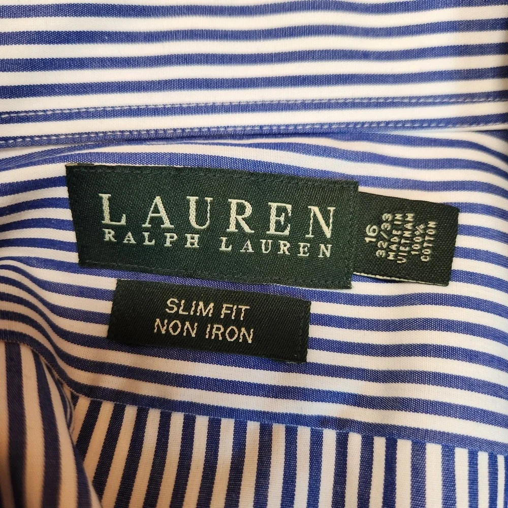 Lauren Ralph Lauren Men's 16 Slim Fit Non-Iron Shirt Blue White Striped Shirt - Picture 3 of 6